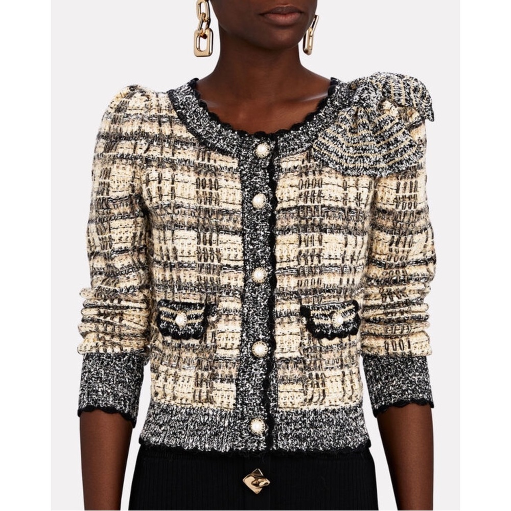 LoveShackFancy Classic Boucle Tweed Chantria Pearl Button Bow Cardigan Sweater